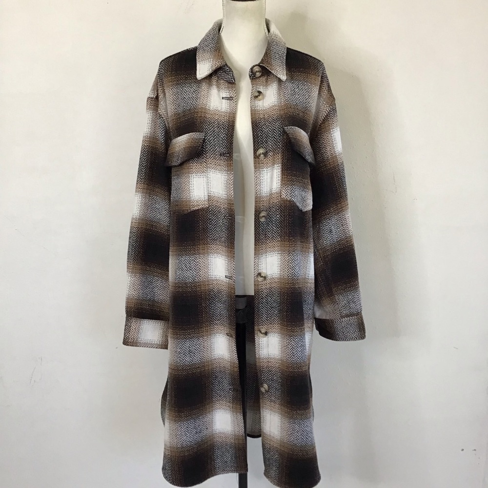 Sweet Lovely by Jen Herringbone in Brown and Cream Plaid Collar Long Shacket 1XL